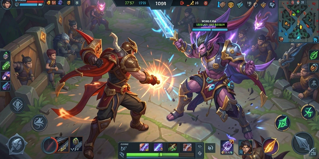 Gambaran gameplay seru dari pertarungan di arena MOBA.