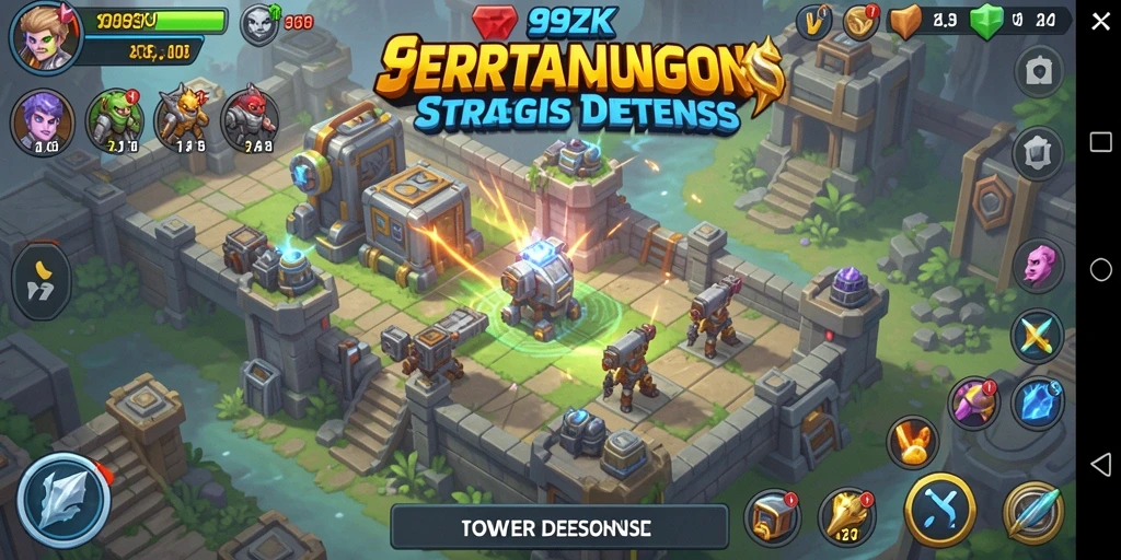Screenshot menampilkan gameplay seru 99ZK dengan aksi Tower Defense yang intens.