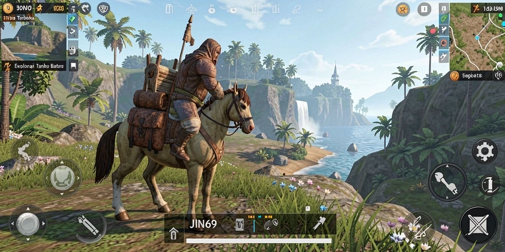 Screenshot gameplay JIN69 yang menggambarkan dunia terbuka yang menakjubkan.
