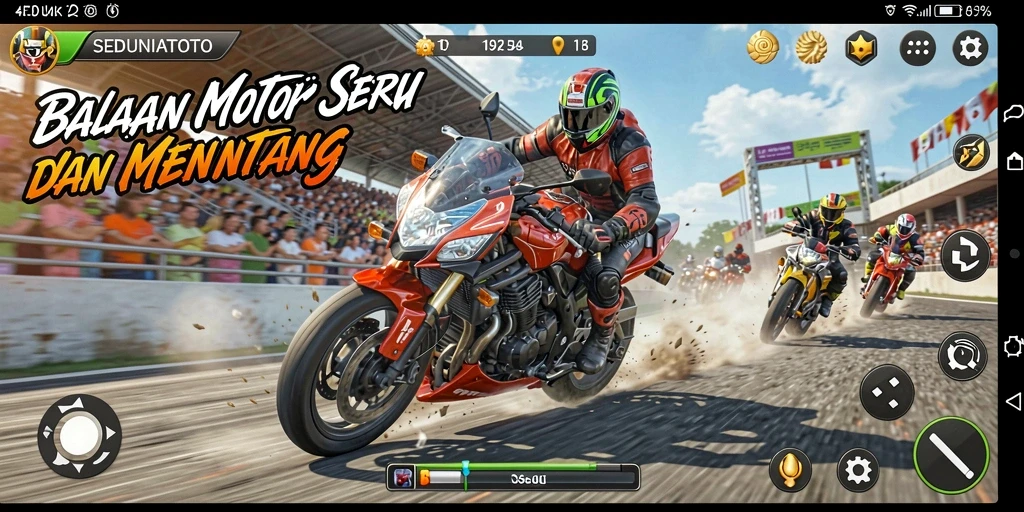 Tampilan gameplay SEDUNIATOTO yang seru dan mendebarkan saat balapan motor.