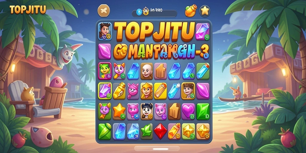 Screenshot gameplay menarik dari TOPJITU yang menunjukkan tantangan Match-3.